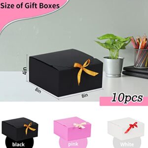 10 PCS Gift Boxes with Lids, 8x8x4 inches Cardboard Gift Boxes, Black Gift Boxes with Ribbon, Paper Gift Boxes for Present Wedding, Mother's Day Packaging, Birthday, Crafting, Party, Cupcake (Black)