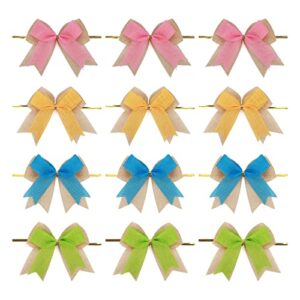 meseey 12 pcs easter burlap bows 4 inch pink/yellow/blue/grenn spring bow for holiday spring wreath diy crafts home decoration (spring)