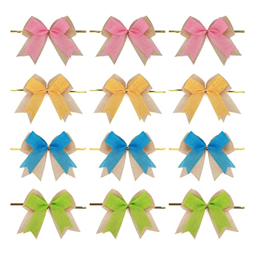 Meseey 12 Pcs Easter Burlap Bows 4 Inch Pink/Yellow/Blue/Grenn Spring Bow for Holiday Spring Wreath DIY Crafts Home Decoration (Spring)