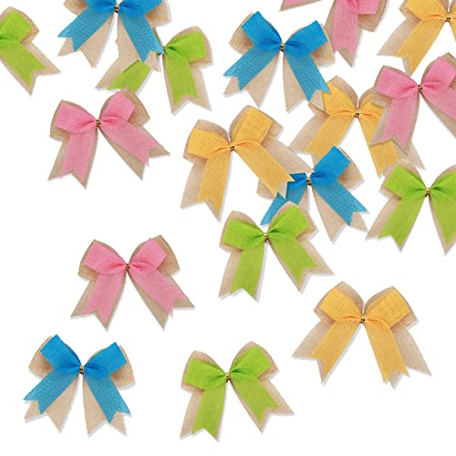 Meseey 12 Pcs Easter Burlap Bows 4 Inch Pink/Yellow/Blue/Grenn Spring Bow for Holiday Spring Wreath DIY Crafts Home Decoration (Spring)