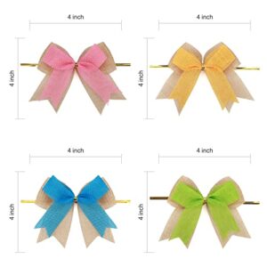 Meseey 12 Pcs Easter Burlap Bows 4 Inch Pink/Yellow/Blue/Grenn Spring Bow for Holiday Spring Wreath DIY Crafts Home Decoration (Spring)