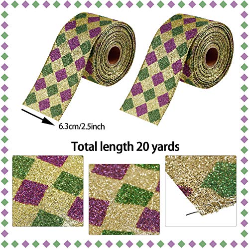 20 Yards Mardi Gras Wired Edge Ribbon Glitter Check Wired Ribbon Glitter Metallic Wrapping Ribbon for Mardi Gras Masquerade Wedding Birthday Party Decoration (2.5 Inch)