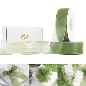 huihuang organza ribbon 1 inch sage green sheer chiffon ribbon for gift wrapping cake decor wedding invitations floral bouquet gift basket bows diy crafts – 2 rolls x 50 yds each roll, 100 yds total