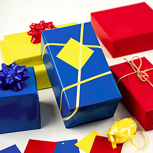 LeZakaa Solid Wrapping Paper Bundle with Gift Bows & Gift Tags, Curling Ribbon - 30" x 120" x 3 Roll - Red, Yellow & Blue Design