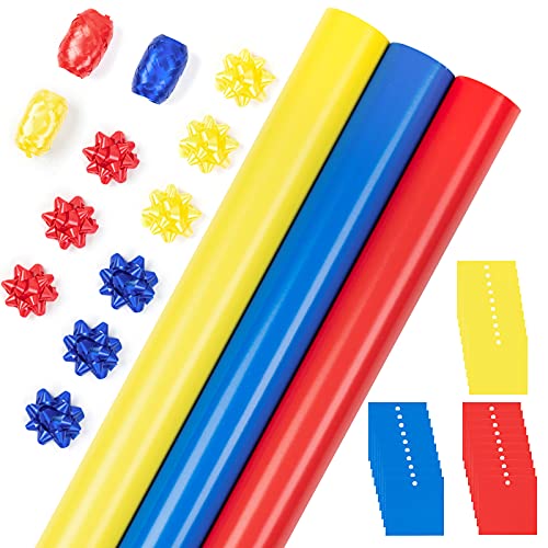 LeZakaa Solid Wrapping Paper Bundle with Gift Bows & Gift Tags, Curling Ribbon - 30" x 120" x 3 Roll - Red, Yellow & Blue Design