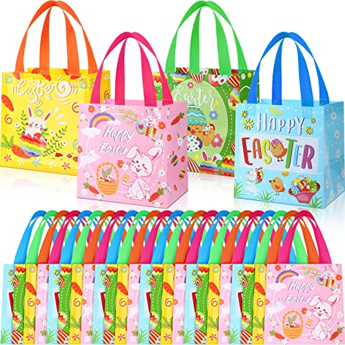 32 Pcs Easter Gift Bags Large 8 x 8 x 6 Inch Easter Non Woven Bags with Handles Rabbit Bunny Reusable Easter Tote Bags for Easter Egg Hunt, Party Favor Supplies