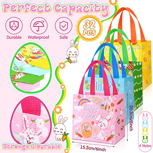 32 Pcs Easter Gift Bags Large 8 x 8 x 6 Inch Easter Non Woven Bags with Handles Rabbit Bunny Reusable Easter Tote Bags for Easter Egg Hunt, Party Favor Supplies