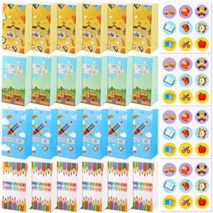 24 Pieces Welcome Back to School Party Gift Bags with 36 Stickers,First Day of School Party Paper Goodie Bags Candy Treat Bags Gift Wrapping Bags,Perfect for School Theme Party Classroom Decorations Supplies