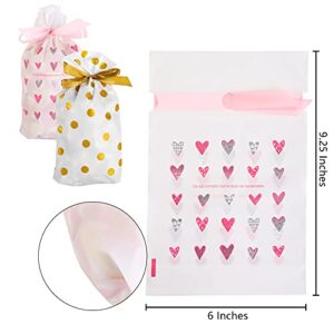 Tebery 100 Pack Plastic Treat Bags Party Favor Bags, Drawstring Gift Bags Candy Cookie Goodies Bag, Gift Wrapping Package for Christmas Wedding Party Birthday Engagement Holiday