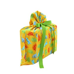 VZWraps Dinosaurs Reusable Fabric Gift Bag for Birthday, Baby Shower or Any Occasion (Yellow, Medium 17 Inches Wide by 18 Inches High)