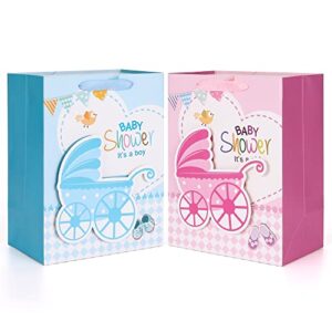 gift bags for baby shower – 2 pack glittery baby bags for girls and boys with satin ribbon handles, middle size baby gift bags with lovely pattern for baby shower, guests, favor gifts and more (8.7’’x10.2’’x4.7’’, 1 pack for boy and 1 pack for girl)