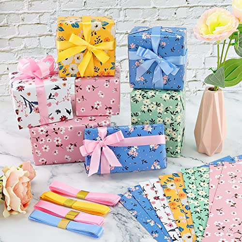 PETOX Gift Wrapping Paper Set 19.7 x 27.5 Inch - Floral Flower Birthday Wrapping Paper for Girls/Women, Wrapping Paper and Ribbon Set for Wedding, Mother's Day (Pack of 10)