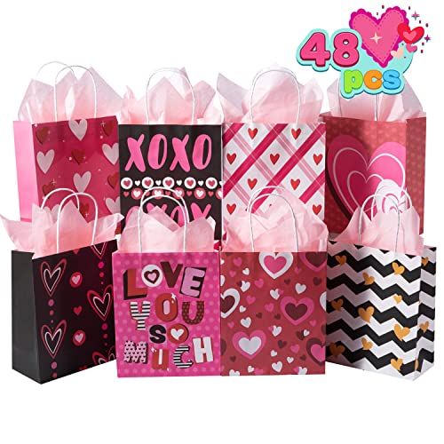 JOYIN 48 PCs Valentine's Day Red Pink Gift Bags with Handle 7.2x9 inch, Paper Wrapping Kraft Bags for Funny Gifts Novelty Gifts Valentines Day Gift Bags Giving