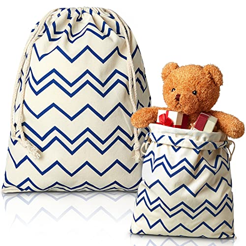 Dunzy 2 Pack Drawstring Gift Bags Large Ivory and Blue Stripe Fabric Gift Bags Reusable Canvas Gift Bags for Father's Day Birthdays Holiday, 15.8 x 19.7 Inch, 11.8 x 15.8 Inch