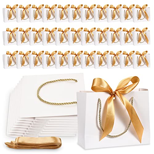 Eaasty 50 Pack Gift Bags with Handles Bulk Wedding Shower Favor Gift Bags White Paper Thank You Gift Bags with Bow Ribbon Wedding Guest Bridesmaid Welcome Gift Bags Birthday Party Favor Bags