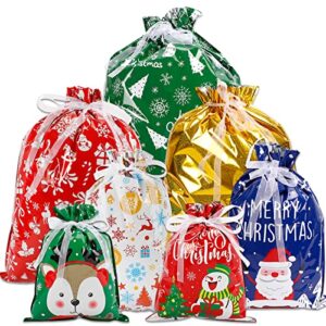 Superlele Christmas Drawstring Gift Bags 32pcs Assorted Sizes Christmas Bags Foil Wrapping Sacks Pouches Santa Goody Bags in 4 Sizes and 7 Designs for Xmas Holiday Presents Party Favor