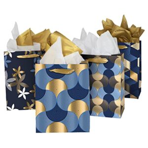 homeadow bags – 4 pcs assorted gift bags, medium size (9″x7″) – assorted with 4 different designs, laminated cardboard, includes 8 tissue papers – festive gold blue shapes