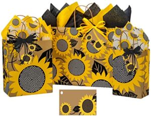 sunflower gift bags with tissue paper – assorted sizes with coordinating tissue paper tags and raffia ribbon