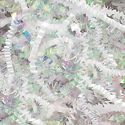 COTU 1/2 LB Premium Diamond White Iridescent Fancy Blended Crinkle Shred Gift Basket Shred Crinkle Paper Filler Bedding (8 oz)