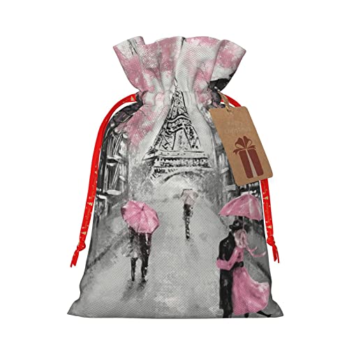 Paris Street Eiffel Tower Pink Floralchristmas Drawstring Gift Bag, Linen Drawstring Gift Bag, Reusable Drawstring Gift Bag, Used For Christmas, Birthday, Wedding Supplies