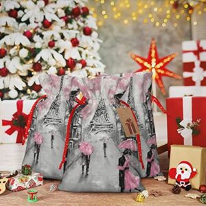 Paris Street Eiffel Tower Pink Floralchristmas Drawstring Gift Bag, Linen Drawstring Gift Bag, Reusable Drawstring Gift Bag, Used For Christmas, Birthday, Wedding Supplies