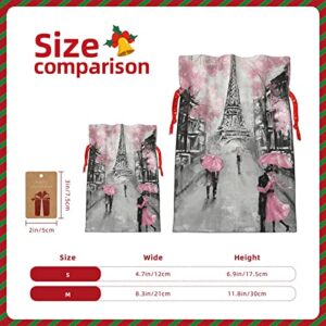 Paris Street Eiffel Tower Pink Floralchristmas Drawstring Gift Bag, Linen Drawstring Gift Bag, Reusable Drawstring Gift Bag, Used For Christmas, Birthday, Wedding Supplies