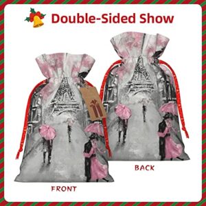 Paris Street Eiffel Tower Pink Floralchristmas Drawstring Gift Bag, Linen Drawstring Gift Bag, Reusable Drawstring Gift Bag, Used For Christmas, Birthday, Wedding Supplies