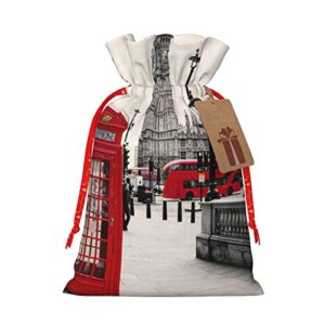 red phone booth london streetchristmas drawstring gift bag, linen drawstring gift bag, reusable drawstring gift bag, used for christmas, birthday, wedding supplies