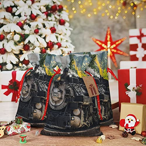 Steam Trainchristmas Drawstring Gift Bag, Linen Drawstring Gift Bag, Reusable Drawstring Gift Bag, Used For Christmas, Birthday, Wedding Supplies