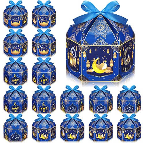 16 Pcs Ramadan Eid Mubarak Treat Boxes Ramadan Gift Boxes Eid Mubarak Party Favors Decorations Muslim Ramadan Candies Goodies Boxes with Ribbon for Eid Supplies 6.9 x 5.1 x 3.5 Inch, 4 Designs