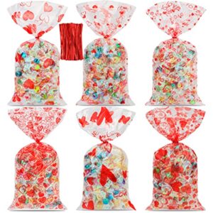 konsait valentine’s day heart love cellophane treat bags, 120 pcs red heart love candy wrapper bags with twist ties for baby shower birthday party favors valentines cookies goodie gift bags