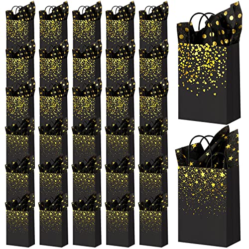 32 Pcs Black Gold Gift Bags New Years Eve Party Favor Bags 32 Pcs Black and Gold Tissue Paper for Gift Bags Gold Black Gift Bags with Handles New Years Eve Gift Bags with Stars Heart for Wedding