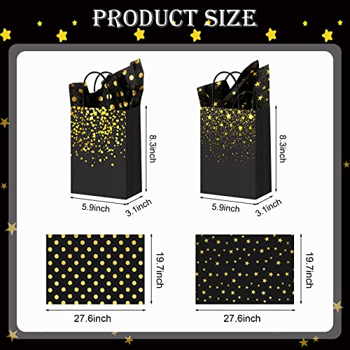 32 Pcs Black Gold Gift Bags New Years Eve Party Favor Bags 32 Pcs Black and Gold Tissue Paper for Gift Bags Gold Black Gift Bags with Handles New Years Eve Gift Bags with Stars Heart for Wedding