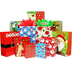 fzopo christmas gift bags bulk set includes 4 extra large 4 large 4 medium with handles christmas print gift bags assorted sizes for wrapping holiday gifts (variety pack)