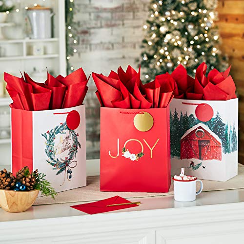 Hallmark 13" Large Christmas Gift Bag Assortment with Tissue Paper (3 Bags: "Merry Christmas" Wreath, Gold Joy, Snowy Red Barn) Red, White, Gold Foil