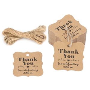 100pcs paper gift tags, thank you for celebrating with us, square thanks label for baby shower, bridal wedding, anniversary celebration, crafts, christmas, thanksgiving and holiday (brown)