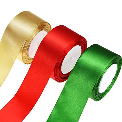 3 Rolls Wide Christmas Satin Ribbon Double Face Polyester Satin Ribbon Solid Satin Ribbon for Christmas Wedding Mother's Day Gift Wrapping Crafts Hair Bows, Party Favors … (2inch, Red, Green,Gold)