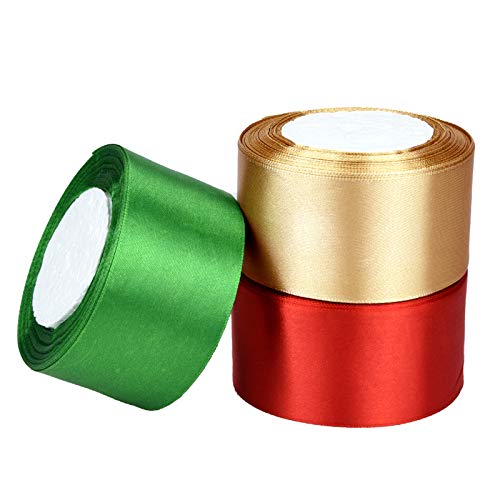 3 Rolls Wide Christmas Satin Ribbon Double Face Polyester Satin Ribbon Solid Satin Ribbon for Christmas Wedding Mother's Day Gift Wrapping Crafts Hair Bows, Party Favors … (2inch, Red, Green,Gold)