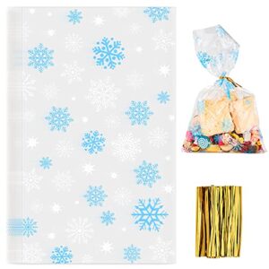 whaline 100 pcs christmas cellophane bags with 100 gold twist ties, xmas clear candy cookie treat bags for christmas party supplies (snowflake)