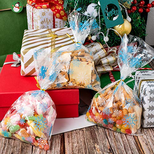 Whaline 100 Pcs Christmas Cellophane Bags with 100 Gold Twist Ties, Xmas Clear Candy Cookie Treat Bags for Christmas Party Supplies (Snowflake)