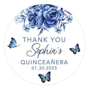 andaz press 40-pack personalized 2″ round circle quinceañera labels, blue butterflies custom sticker labels for mis quince años favors, invitations, xv, 15th birthday quinceanera decorations