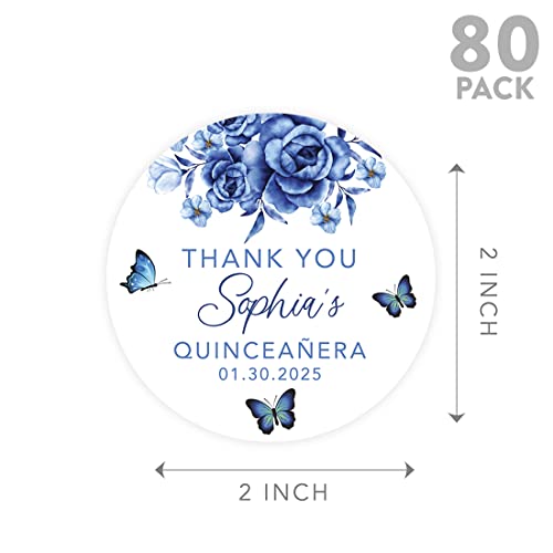 Andaz Press 40-Pack Personalized 2" Round Circle Quinceañera Labels, Blue Butterflies Custom Sticker Labels for Mis Quince Años Favors, Invitations, XV, 15th Birthday Quinceanera Decorations