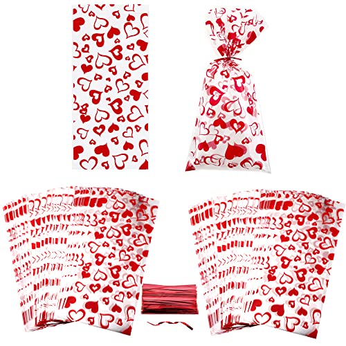 SaktopDeco 100 PCS Red Heart Cellophane Bags Goody Bags Plastic Bags Cookie Bags Valentine Cellophane Bags for Party Birthday Supplies