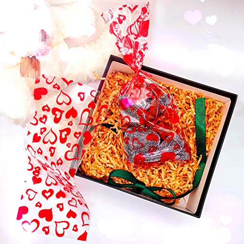 SaktopDeco 100 PCS Red Heart Cellophane Bags Goody Bags Plastic Bags Cookie Bags Valentine Cellophane Bags for Party Birthday Supplies