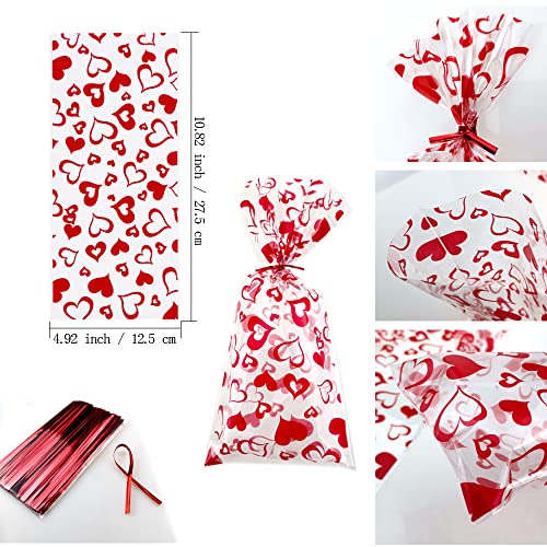 SaktopDeco 100 PCS Red Heart Cellophane Bags Goody Bags Plastic Bags Cookie Bags Valentine Cellophane Bags for Party Birthday Supplies