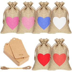 36 Pieces Valentine's Day Heart Burlap Bags with Drawstring Gift Bags 6 x 4 Inch Party Favor Bag Mini Rustic Pouches Heart Burlap Bags with Tags and Rope for Valentine's Day Wedding Bridal Shower