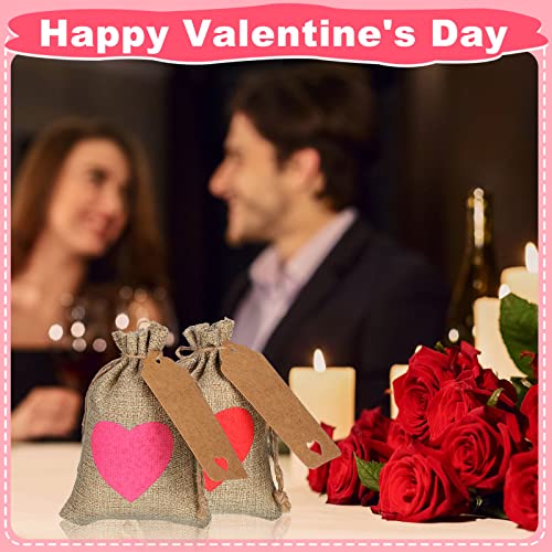 36 Pieces Valentine's Day Heart Burlap Bags with Drawstring Gift Bags 6 x 4 Inch Party Favor Bag Mini Rustic Pouches Heart Burlap Bags with Tags and Rope for Valentine's Day Wedding Bridal Shower