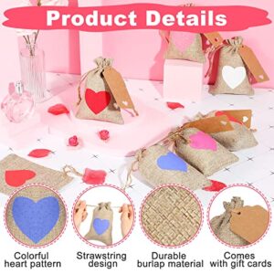 36 Pieces Valentine's Day Heart Burlap Bags with Drawstring Gift Bags 6 x 4 Inch Party Favor Bag Mini Rustic Pouches Heart Burlap Bags with Tags and Rope for Valentine's Day Wedding Bridal Shower