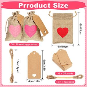 36 Pieces Valentine's Day Heart Burlap Bags with Drawstring Gift Bags 6 x 4 Inch Party Favor Bag Mini Rustic Pouches Heart Burlap Bags with Tags and Rope for Valentine's Day Wedding Bridal Shower