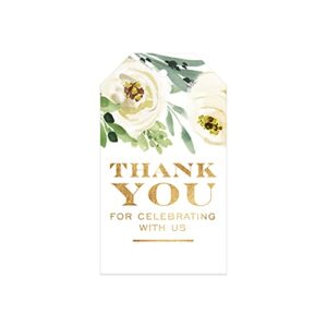 white floral favor thank you tags / 100 thank you for celebrating with us wedding favor gift tags / 2″ x 3.5″ greenery with faux gold engagement celebration thank you tags